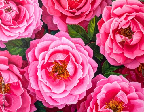 Lush pink rose blooms, vibrantly detailed with green leaves