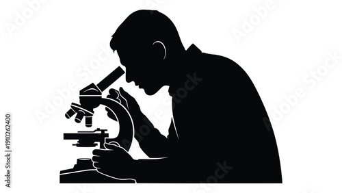 A silhouette of a person intently looking through a microscope in a lab setting isolated on white background, Vector