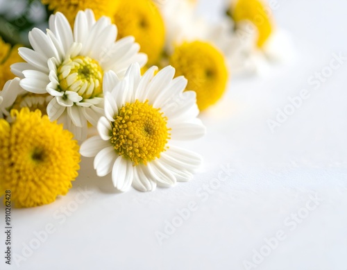 White and yellow daisies and chrysanthemums on white
