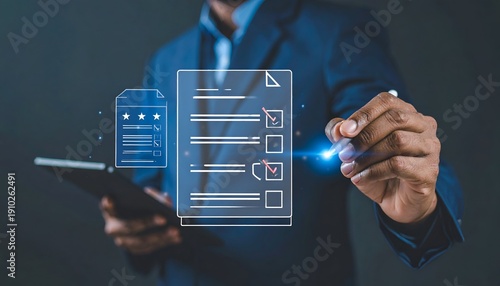 Person interacting with digital checklist on dark background