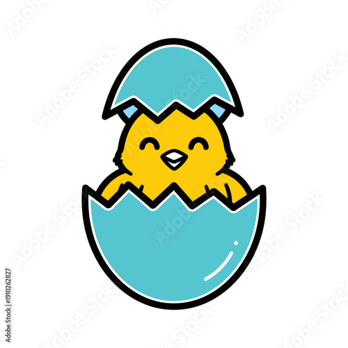 Tableau sur toile Yellow Chick Hatching from Blue Eggshell.