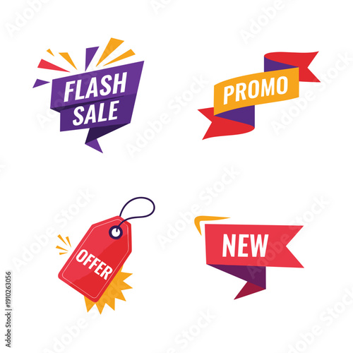 Collection of vibrant promotional sale and offer tags.