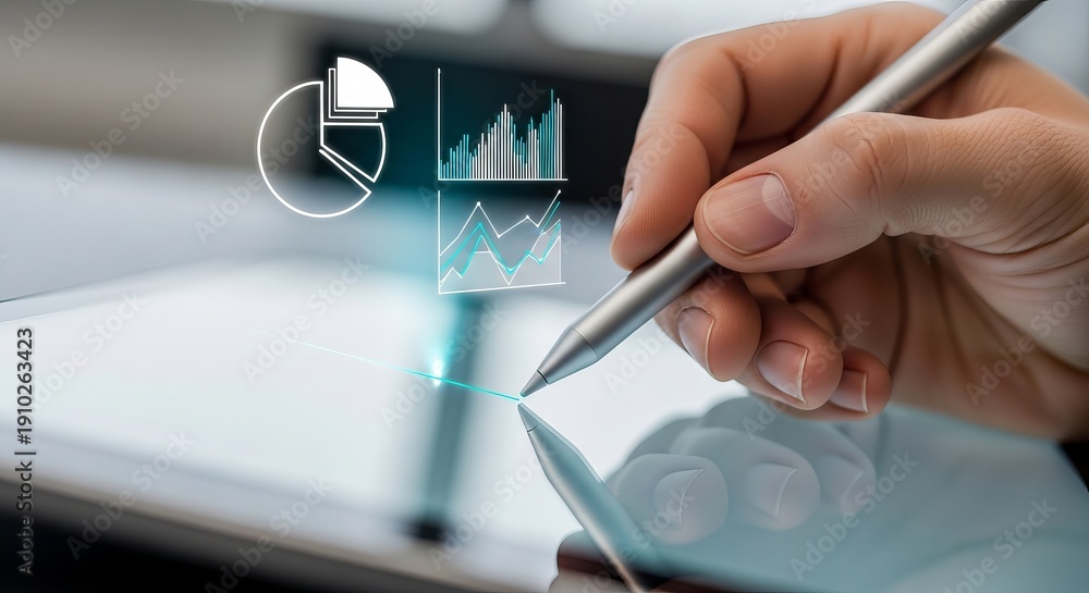 Naklejka premium Analyzing business data on a digital tablet with a stylus, a professional interacts with projected holographic graphs for strategic insights
