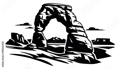 Graphic style illustration of a natural rock arch depicting a desert landscape for travel and adventure concepts