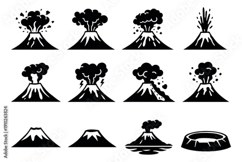 Graphic volcano icon set featuring erupting mountains, smoke, and a caldera for nature and geological concepts