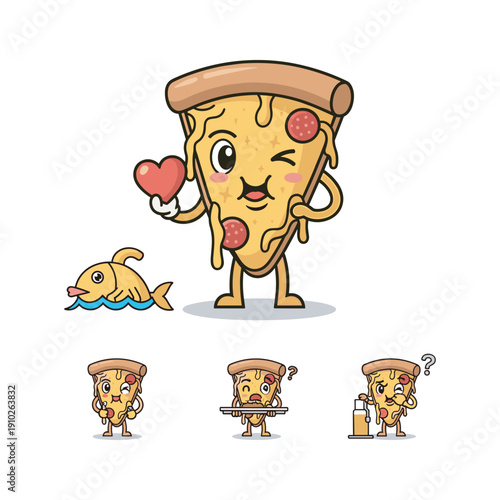 Cartoon pizza character showing love with heart shaped pepperoni and fish companion