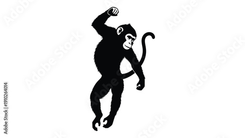 Black and white illustration of a monkey standing on its hind legs isolated on white background, Vector
