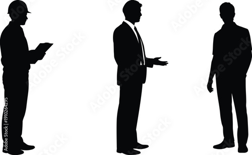 Business manager and engineer silhouettes discussing project, professional corporate people isolated on white background