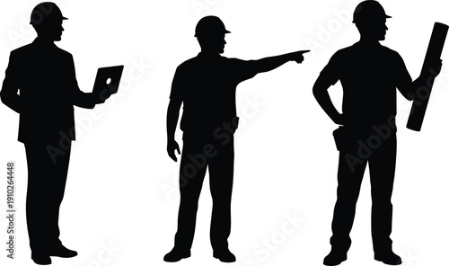 Construction supervisor and engineer silhouettes with tablet and blueprint isolated on white background
