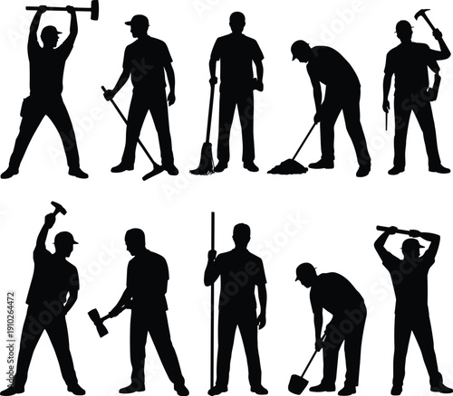 Construction labor silhouettes with hammers, shovels and broom, industrial workers set isolated on white background