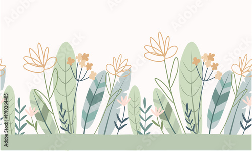 A seamless floral border of hand-drawn abstract plants. Leaves and flowers seamless pattern. Pastel shades.