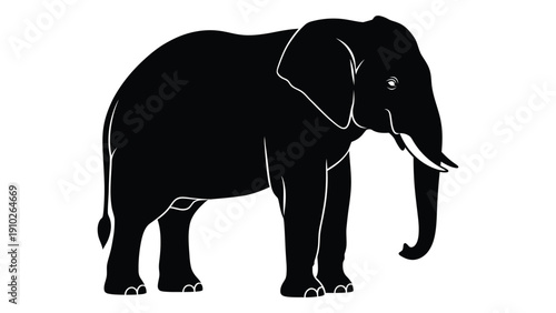 A majestic black and white silhouette of an elephant standing in a natural setting. isolated on white background, Vector