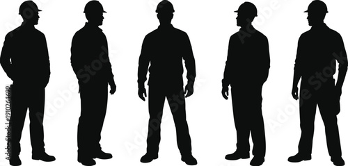 Construction worker silhouettes standing together, professional builder team isolated on white background