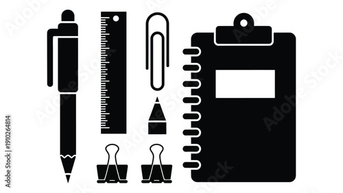 A collection of office supplies including a pencil, ruler, paperclip, binder clips, and a clipboard isolated on white background, Vector