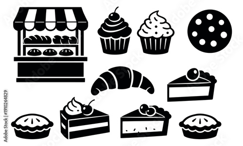 Clip art bakery and dessert set featuring a bakery stall, bread, cupcakes, croissant, cookie, cakes, and pies for food menu design