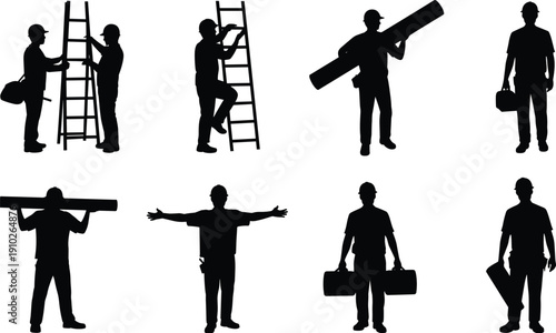 Construction worker silhouettes with ladder and equipment, professional builders team isolated on white background