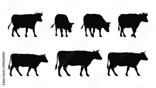 Diverse silhouettes of cattle showcasing various breeds and postures in a minimalist style isolated on white background, Vector