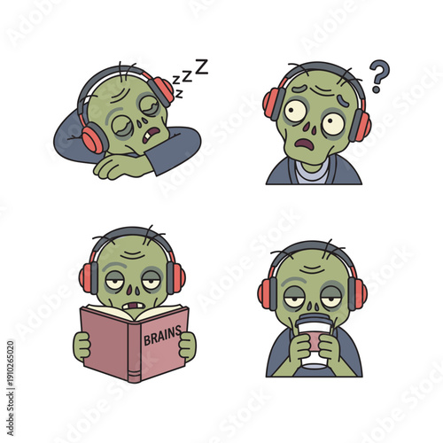 Zombie relaxing with headphones in different activities with confused expression