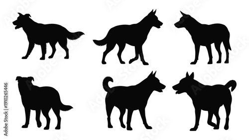 Six black silhouettes of dogs in various poses and breeds isolated on white background, Vector