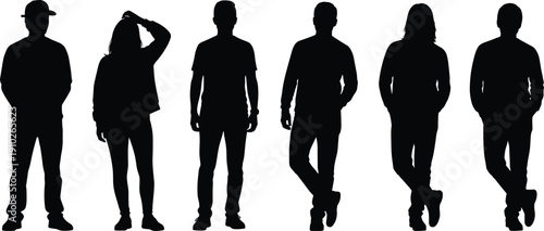 Black silhouette collection of group of people standing in various poses and casual clothing isolated on white background for vector design.