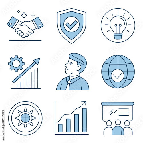 A collection of blue business icons on a white background Vector