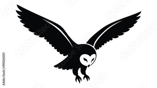 A black and white illustration of an owl in mid-flight with wings spread wide. isolated on white background, Vector