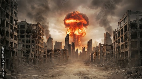 Empty city street with building ruins and dramatic explosion concept. Devastation from a nuclear explosion in a destroyed cityscape.