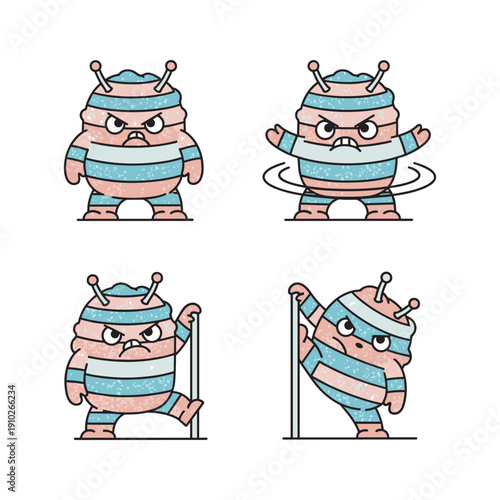 Angry cartoon mummy character in various dynamic poses with copy space
