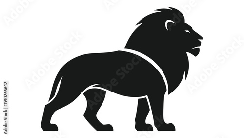 Majestic black lion silhouette with a decorative collar standing proudly isolated on white background, Vector