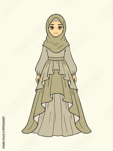 Cute Muslim Girl in Hijab and Elegant Dress Line Art character modest dress cartoon abaya girl
