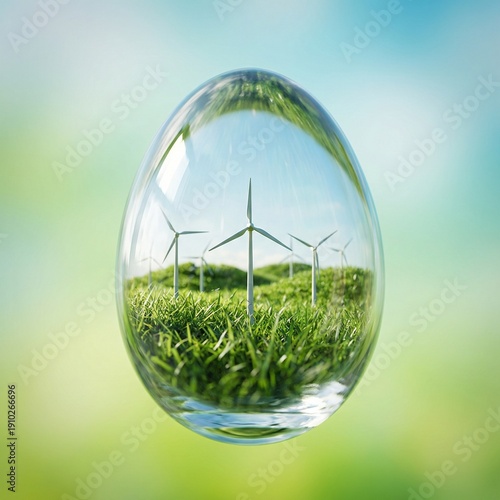 Glass egg reflecting wind turbines in green grassy field  