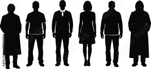 Diverse group of professional people silhouettes standing together featuring businessman in tie casual men woman in dress and winter coats.