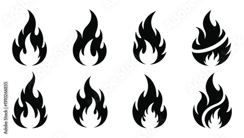 Eight distinct flame designs showcasing various styles and patterns in black and white isolated on white background, Vector