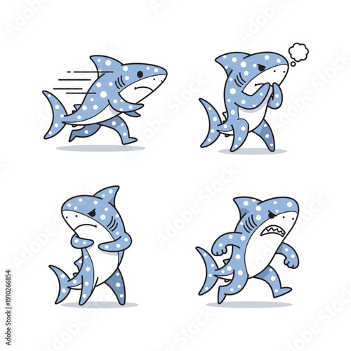 Cartoon sharks in various poses with playful expressions