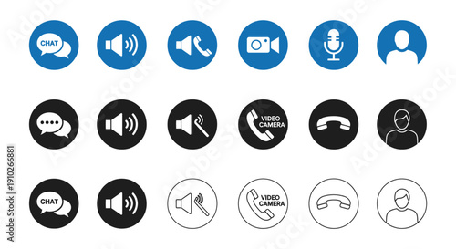 Collection of communication interface icons representing chat volume mute video call end call and user profile functions