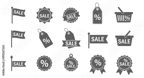 Collection of various dark gray and black graphic icons representing retail sales promotions and discounts
