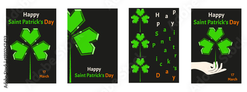 Modern Saint Patrick's Day greeting card cover set. Vector illustration of grunge texture green Clover flat hand and bold holiday message on black background. Patrcik Day vertical poster collection