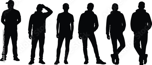 Set of Men Silhouettes Standing in Various Poses and Casual Outfits Isolated on White Background for Fashion and Lifestyle Design