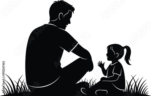 Black vector silhouette of a father and young daughter sitting on the grass together talking and bonding representing family love parenting and fatherhood outdoors