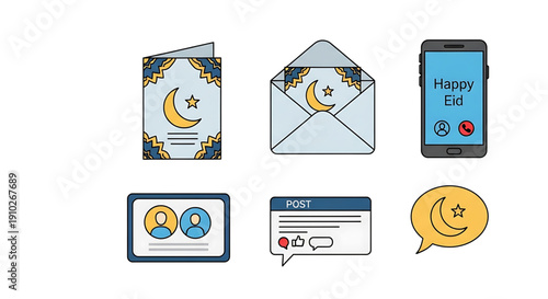 Vibrant flat design vector icons illustrating digital and traditional communication for Eid celebrations, including greeting cards, mobile messages, and social media posts