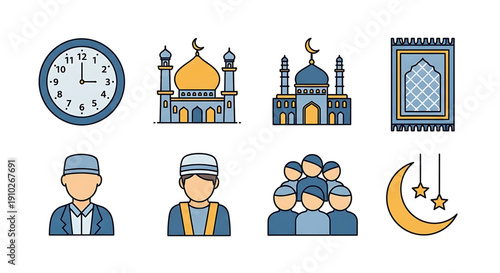 Colorful flat design icons depicting key Islamic traditions and Ramadan elements, including mosques, prayer times, worshipers, and religious symbols for various digital uses