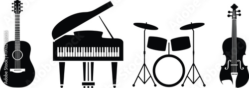 Vector, black, silhouette, illustration, set, of, various, musical, instruments, including, acoustic, guitar, grand, piano, drum, kit, and, violin, for, music, concert, and, entertainment, design