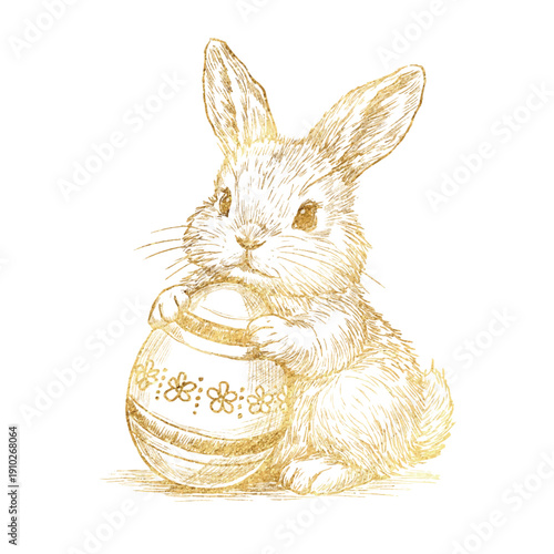 Hand drawn vintage engraving of a cute Easter bunny holding a decorated egg. Golden line art isolated on white background. Classic spring holiday illustration for cards and prints. Vector