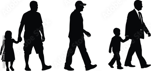 Black vector silhouettes of fathers walking together with their young children holding hands representing paternal bonding parenting male role models and family lifestyle outdoors