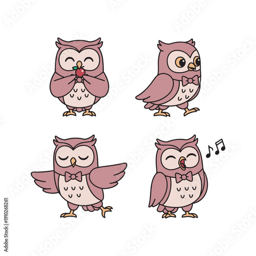 Cartoon owls singing and dancing with cute expressions