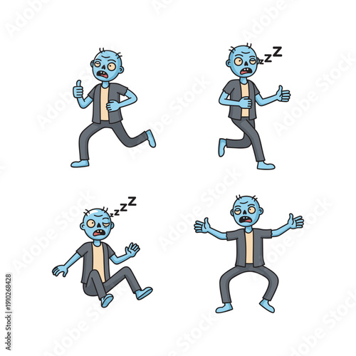 Zombie running and falling in different poses with comical expressions