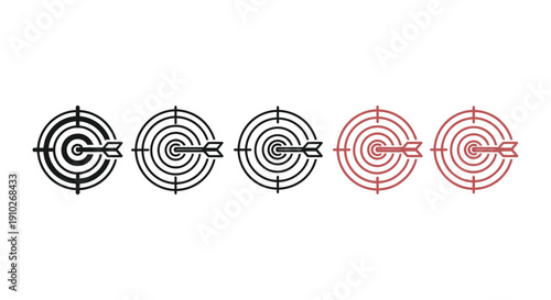 Collection of five distinct target and arrow vector icons illustrating successful goal achievement and precision aiming