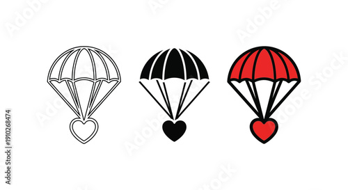 Set of three parachute icons featuring a heart descending symbolizing love falling from the sky