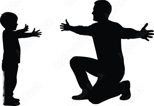 Black vector silhouette of a loving father kneeling with open arms to embrace his young son representing fatherhood bonding adoption and family reunion concepts