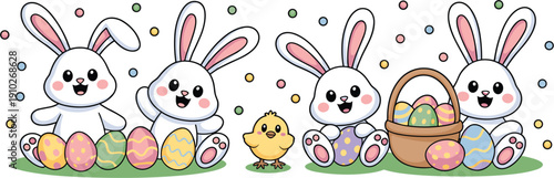 Cute Easter bunny characters collection with colorful painted eggs, a yellow chick, and a holiday basket in a cartoon flat vector style for spring celebration designs.